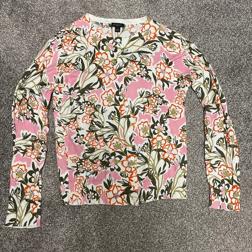 Vintage Ann Taylor Cardigan Size L 100% Cotton Lightweight Spring Floral Sweater